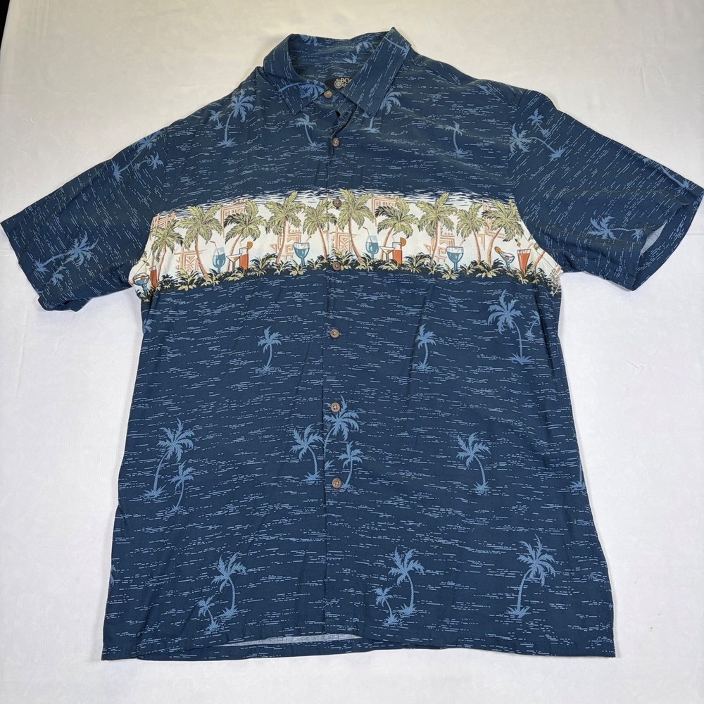 Boca Classics Mens Large Navy Blue Tropical Palm Tree Cocktail Tiki Rayon Shirt
